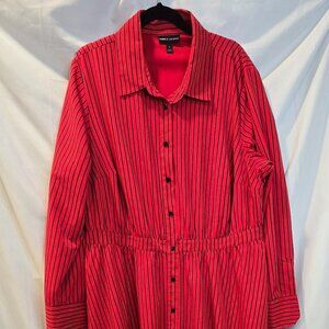 Glamour X Lane Bryant Button Up Dress 18 Red Black Pinstripe Elastic Waist